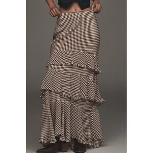 RIXO Preslee Tiered Ruffle Maxi Skirt Brown Gingham Boho Festive Flowy Prairie 8